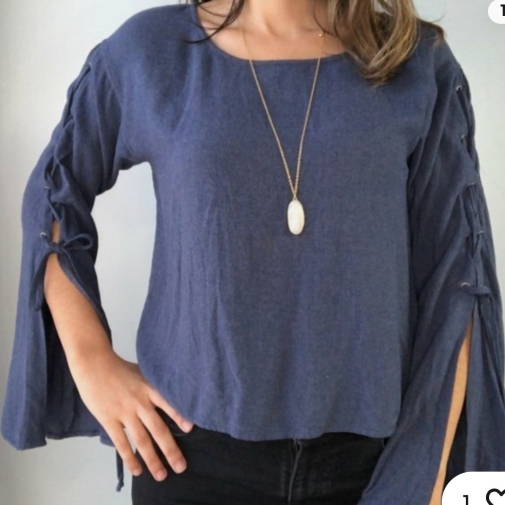 cloth & stone Navy Blue Lace-Up Bell Sleeve Top